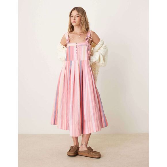 Free People primavera striped drop waist sun Midi dress in pink - Wms Medium - Picture 1 of 16